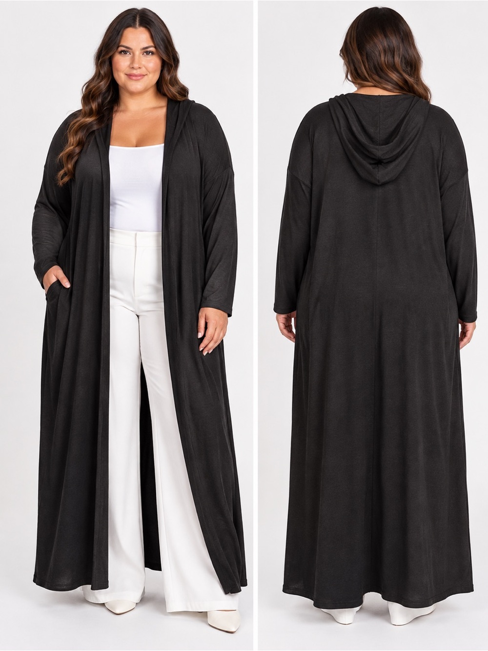 Black Hooded Maxi Duster Cardigan Long Open Front Plus Size 3XL